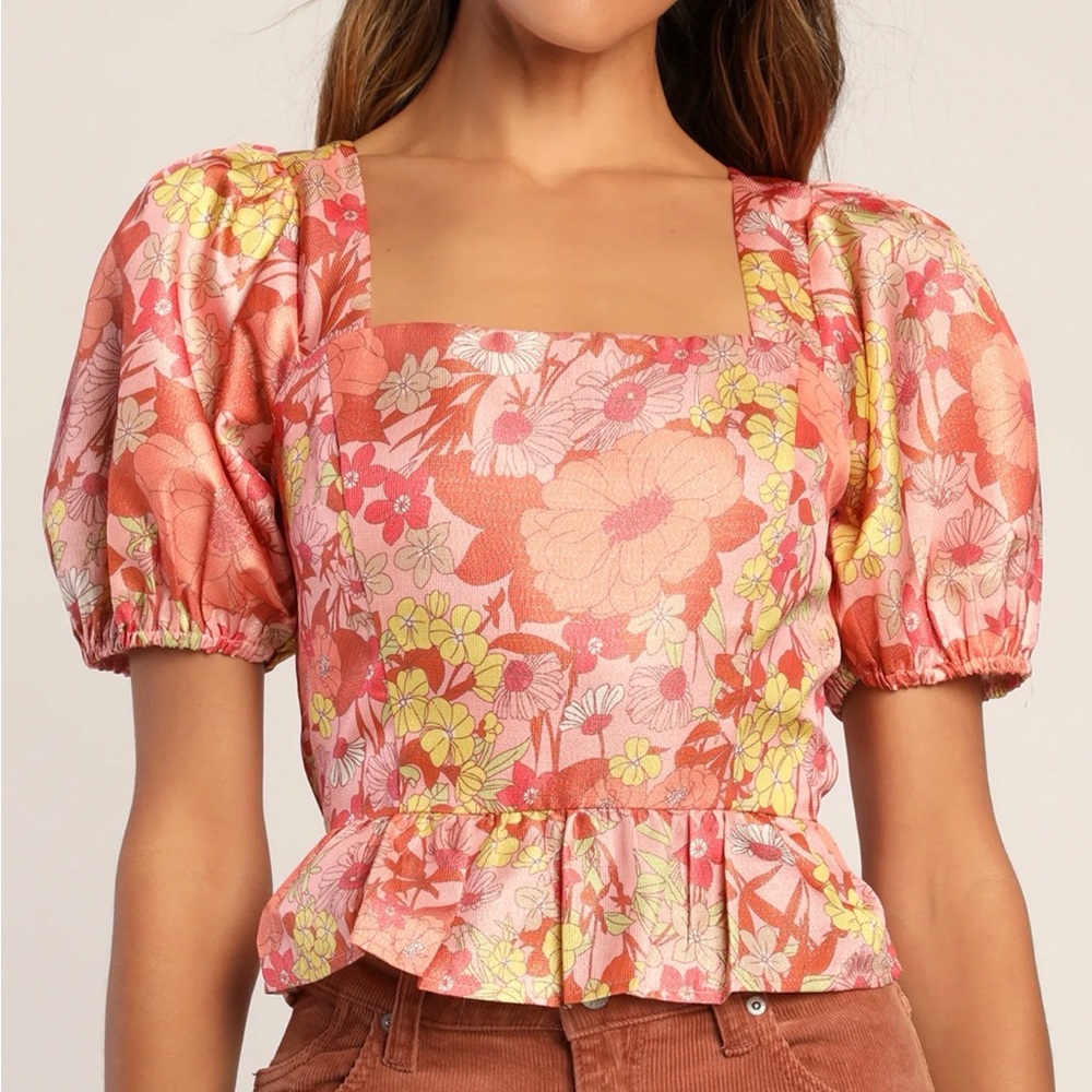 Lulu's Flowers For Us Pink Floral Print Glitter Puff Sleeve Top - Picture 2 of 2